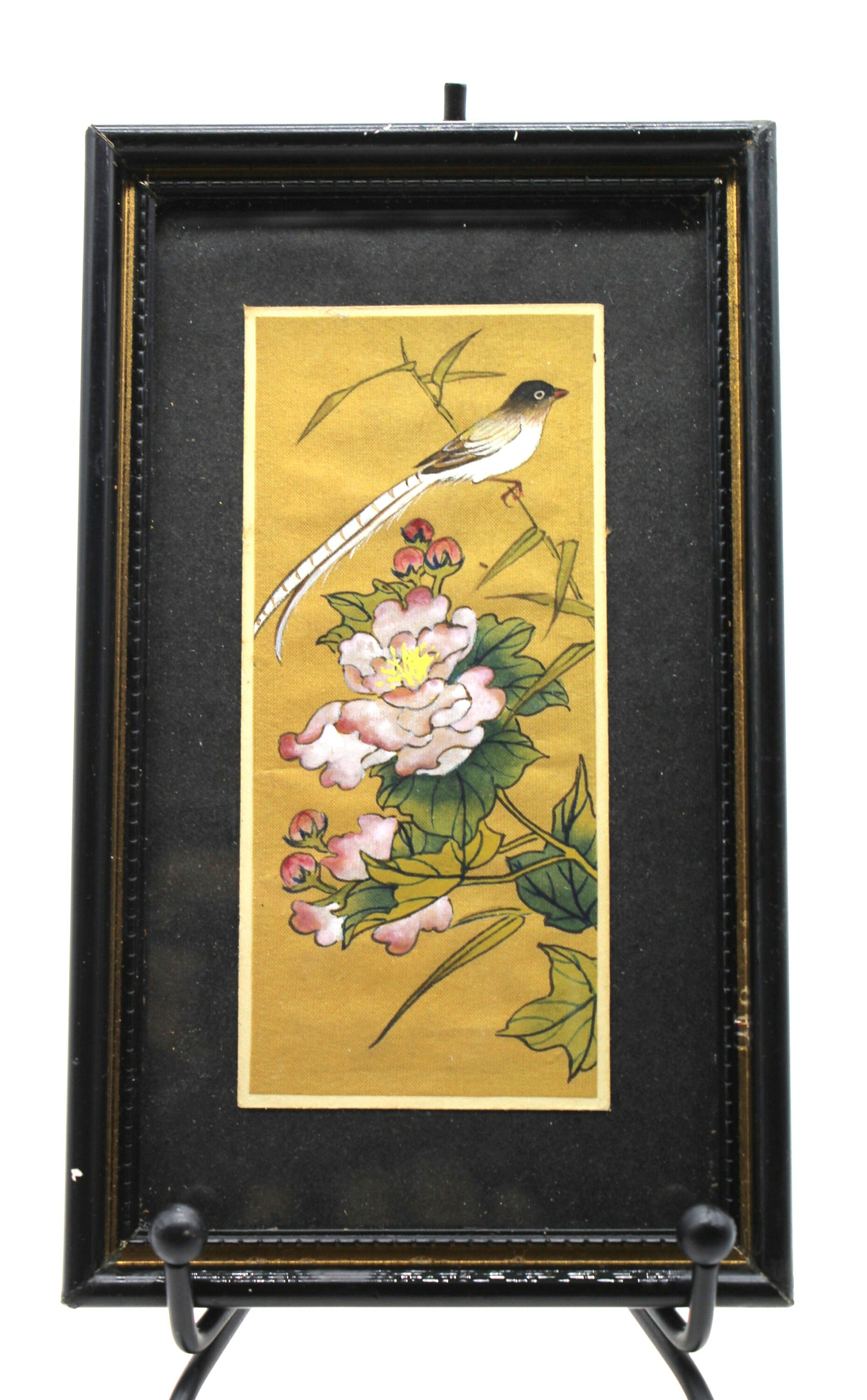 Tableau Peinture sur Soie Vintage Oiseau