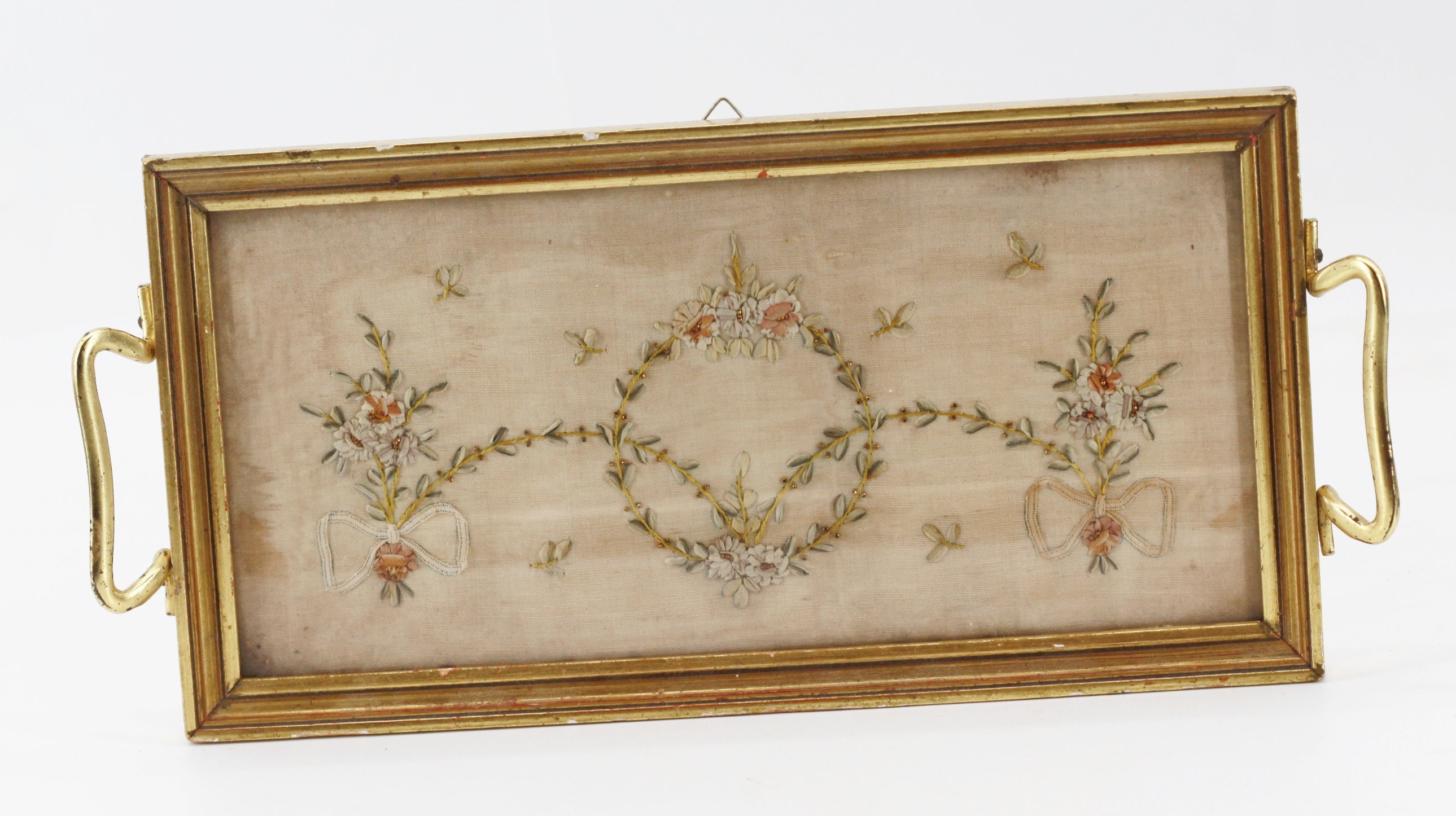 Rare Ancien Plateau avec Tissu Broderie