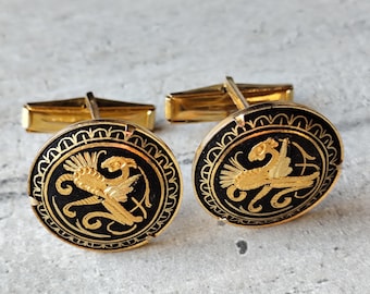 Damascene dragon cufflinks – Black and gold – Vintage Spanish