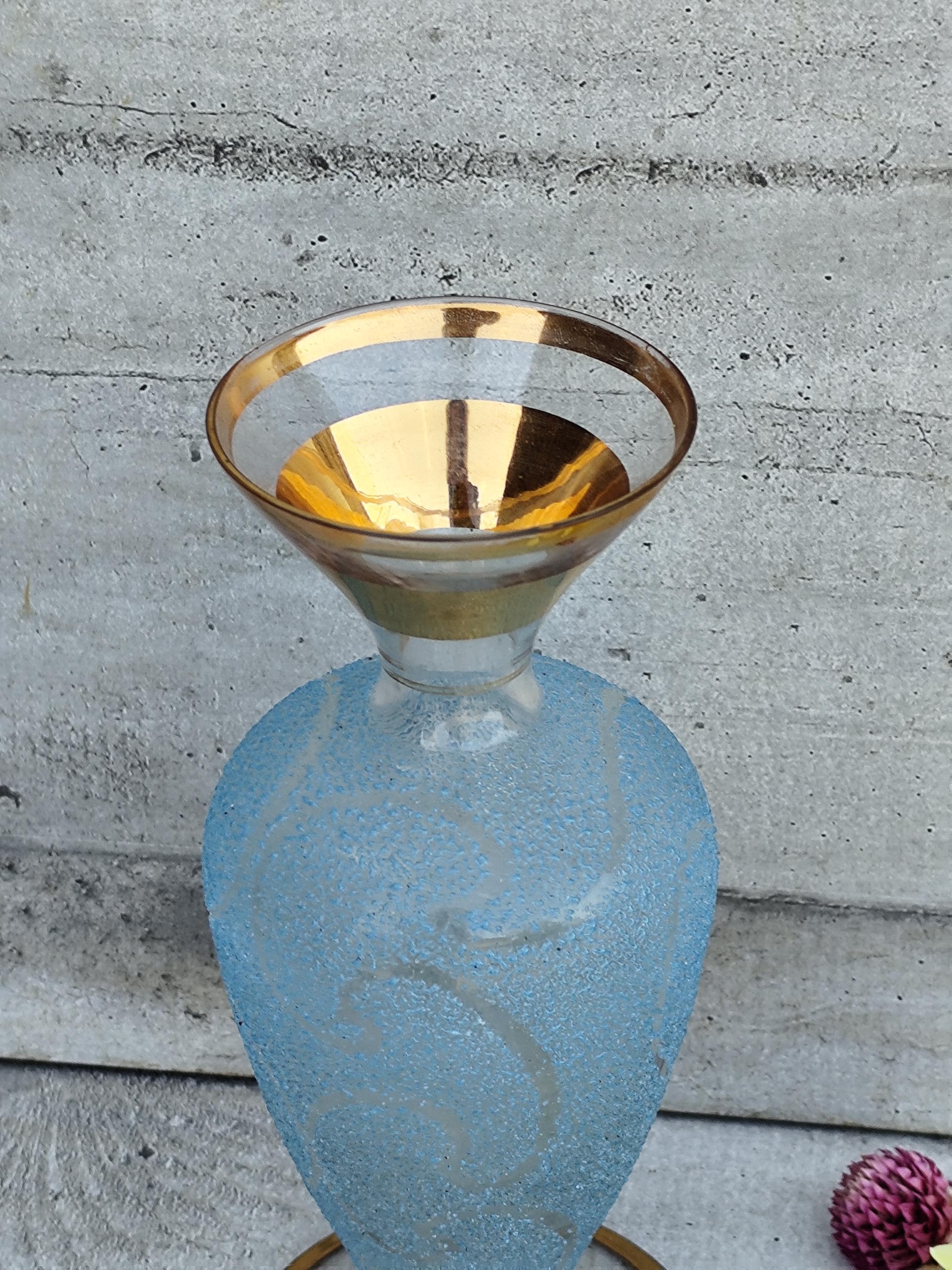 青と金のフロストガラスのアンティーク花瓶 - Etsy 日本