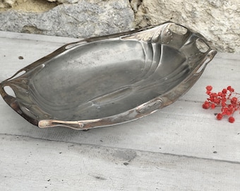 Cesta de pan antigua Art Déco de metal plateado, bandeja ovalada vintage de Electra Silversmiths, diseño geométrico y floral.