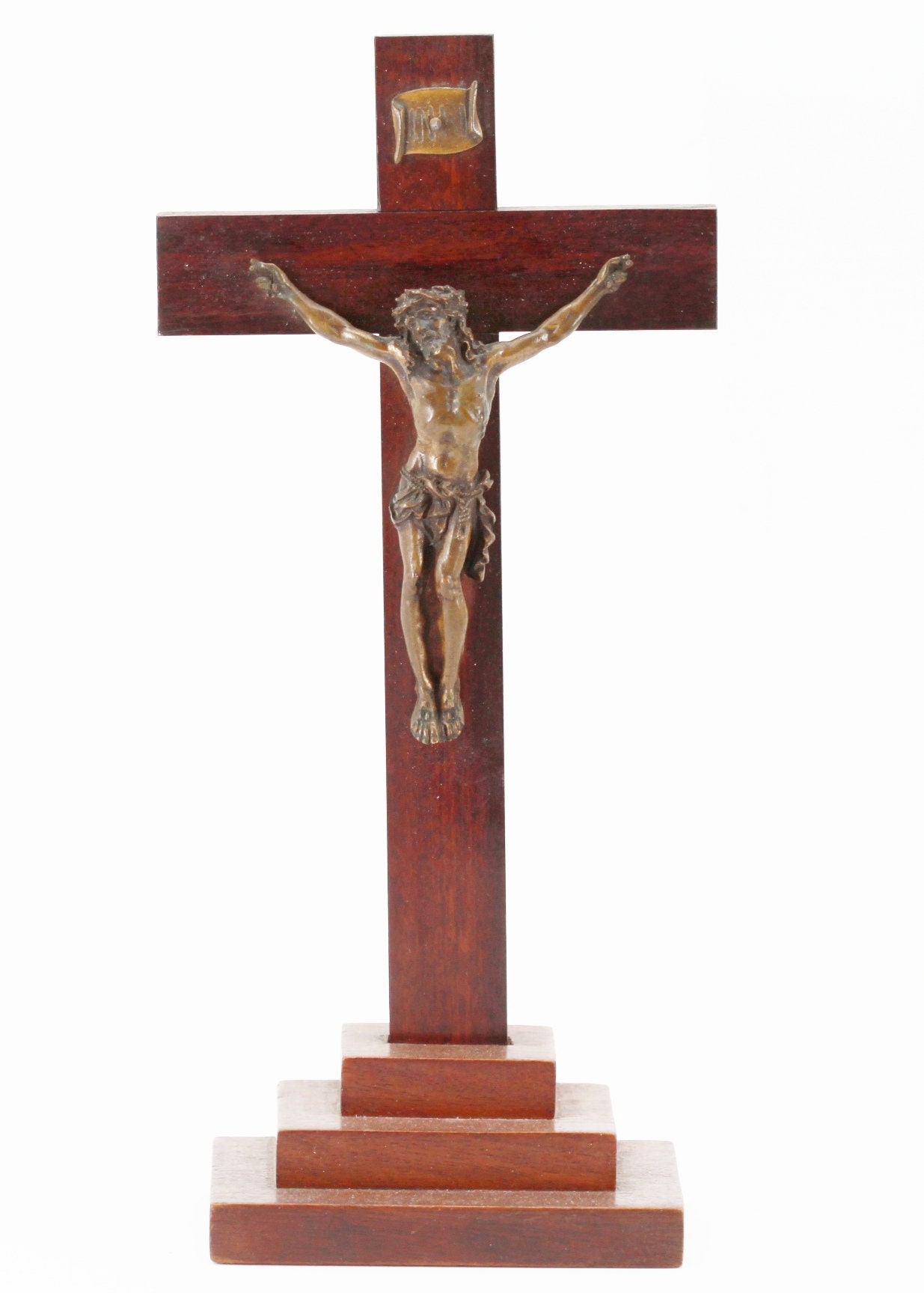 Ancien Crucifix en Bois sur Socle