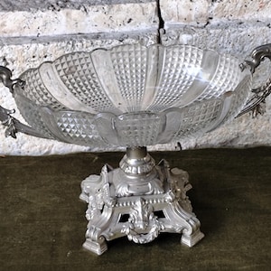 White glass flat serving dish with metal foot