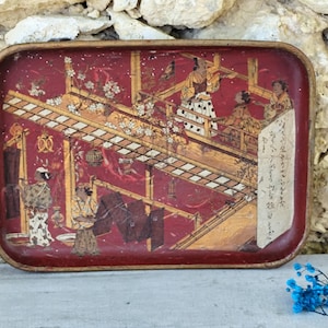 Plateau japonais vintage | Plateau de service japonais doré | Vieux plateau en carton bouilli | Décorations japonaises | XIXe siècle