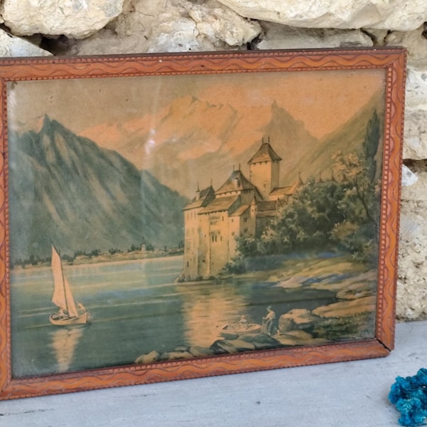 Lithograph of Lake Geneva on a carved wooden frame
