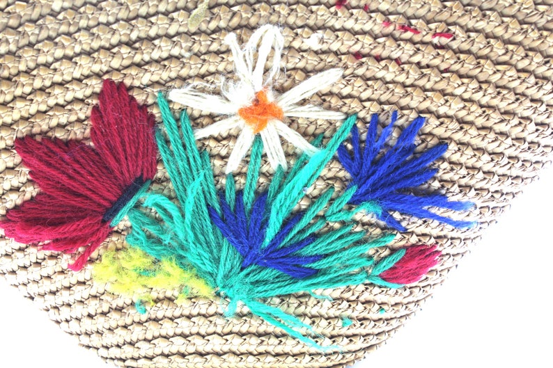 Rare antique small wicker basket embroidered