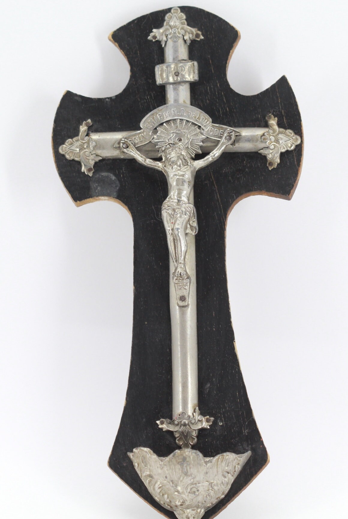 Rare Ancien Bénitier Jésus Christ en Bois