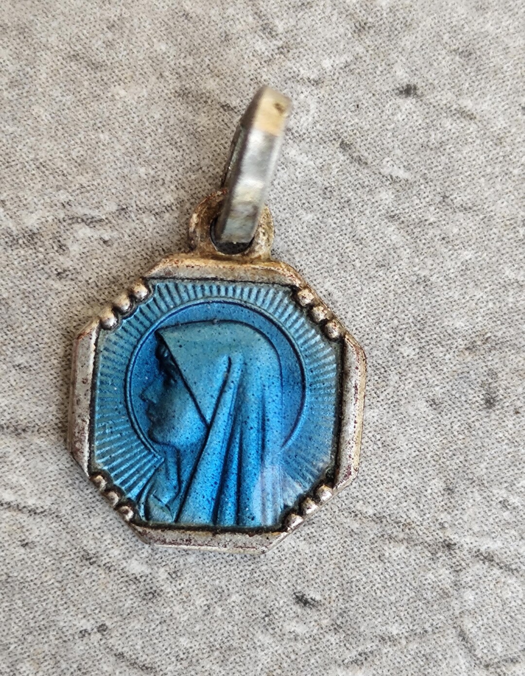 Small Antique Medal of Our Lady of Lourdes - Turquoise Blue Enamel ...