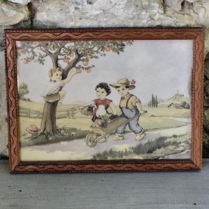 Old children's illustration painting, carved wooden frame