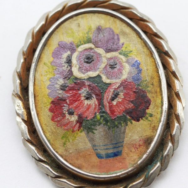 rare broche peinture de fleurs