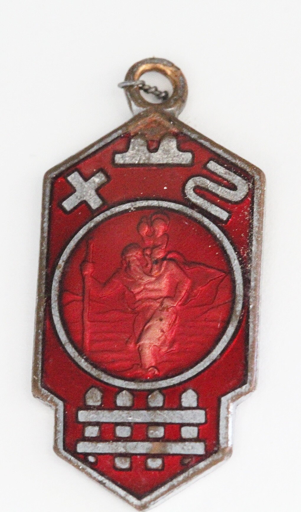 Rare Medaille Ancienne Saint Christophe Email Rouge