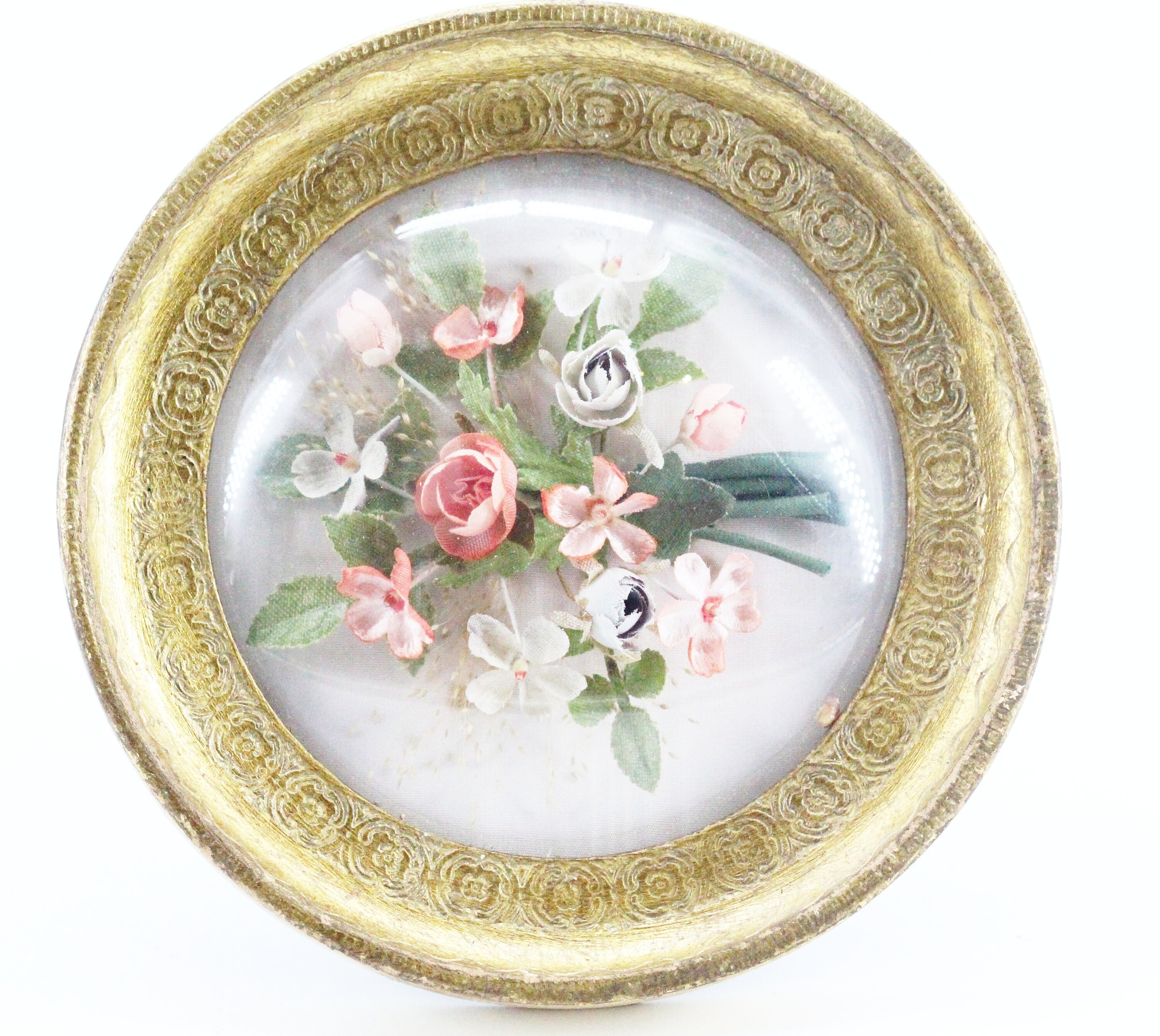 Cadre Ancien Globe Verre de Fleurs Tissu