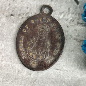 Rare antique religious medal Our Lady of Sorrows in brass