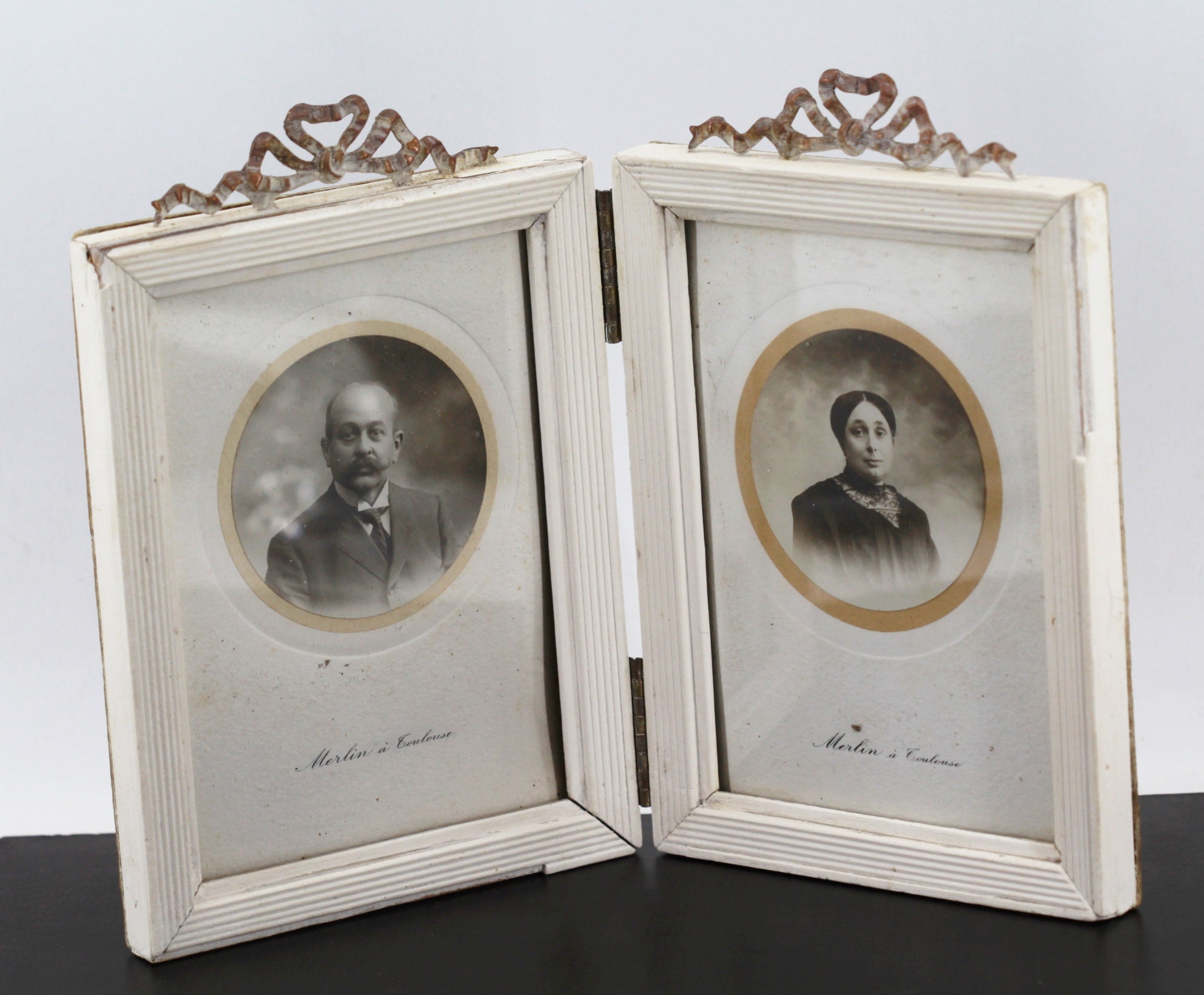 Rare Ancien Cadre Double Photo Style Louis Vi en Bois