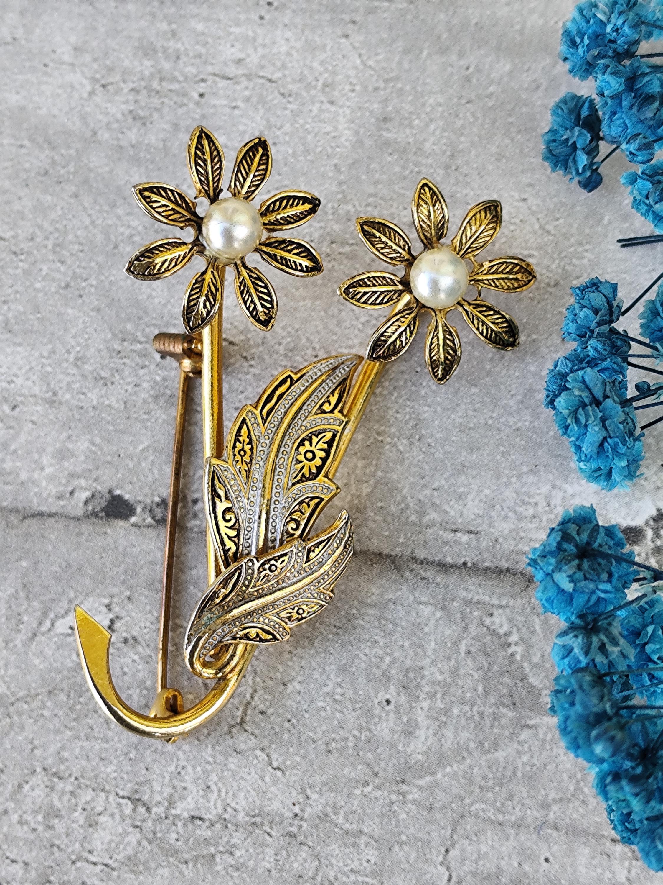 Broche Vintage Damascène Or De Tolède - Motif 2 Fleurs - Pièce Collector Espagnole
