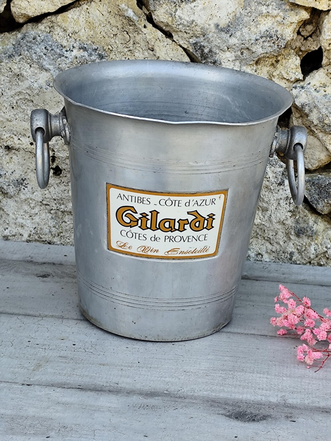 Seau à champagne vintage français Georges Goulet avec 2 poignées latérales, refroidisseur d'articles de bar rétro de France, accessoire de célébration de vin blanc - France