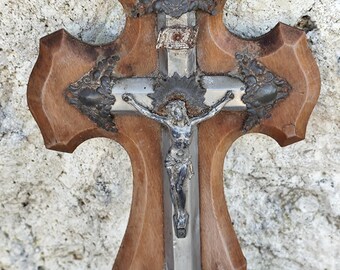 アンティーク宗教聖水盤十字架像フランスカトリック壁掛け木製イエス