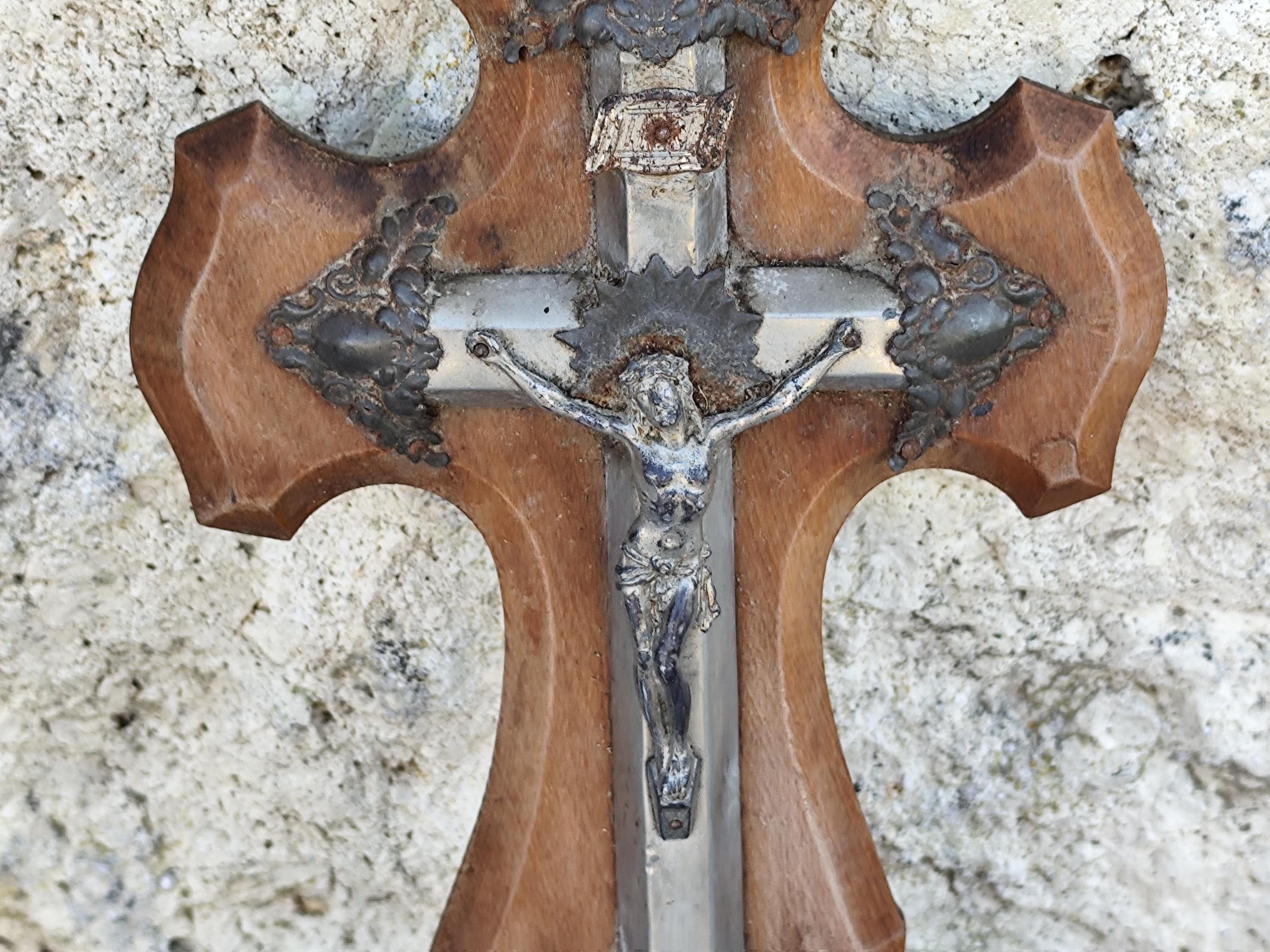 アンティーク宗教聖水盤十字架像フランスカトリック壁掛け木製イエス