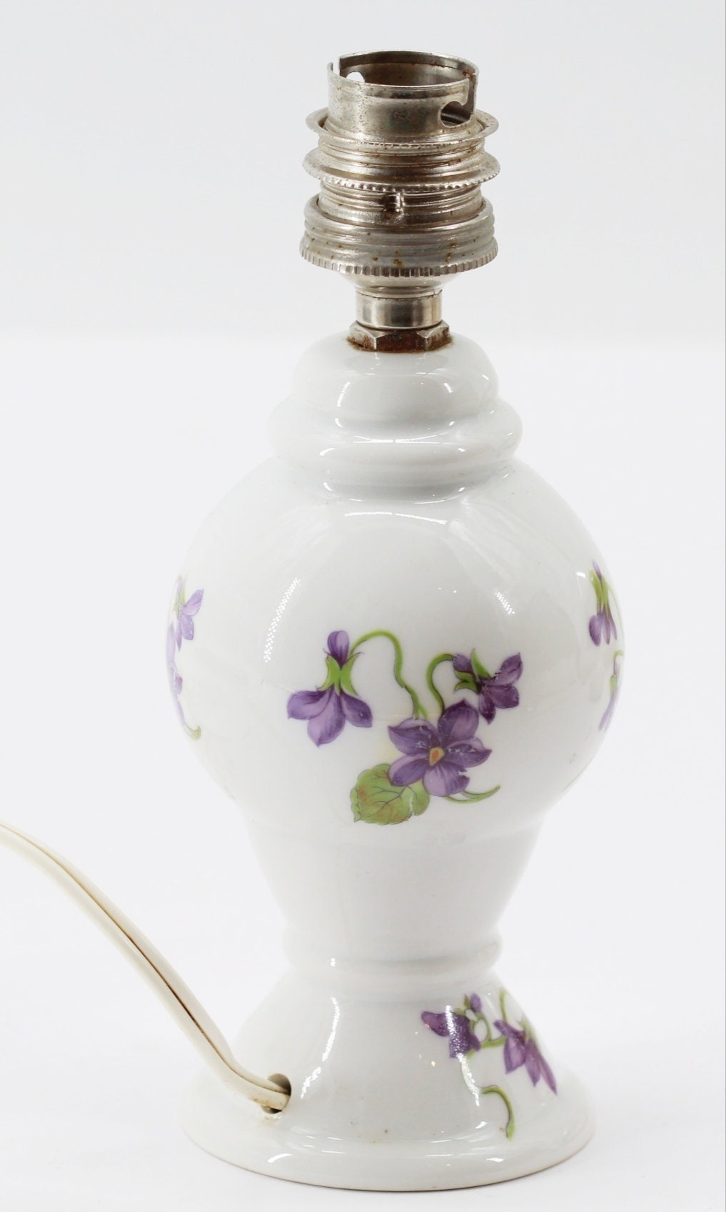 Ancien Pied de Lampe en Céramique avec Des Violettes