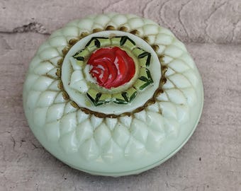 Caja vintage de cristal opalino en verde aguamarina - Decoración rosa en relieve - Joyero antiguo - Decoración romántica para tocador