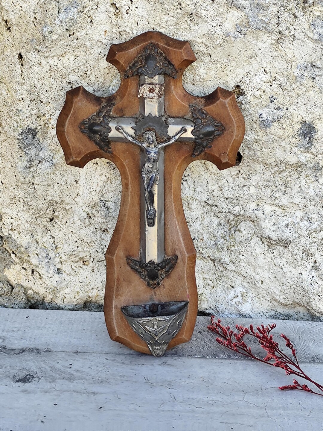 ★レア　アンティーク　フランス製　聖キリスト　十字架　木目調 ☆レア アンティーク フランス製 聖キリスト 十字架 木目調 フランス