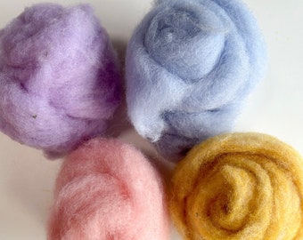 Pastel felting Wool, sheep wool, needle felting rovings, pink, blue, purple, yellow