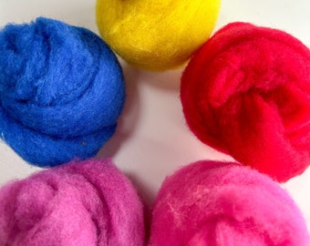 Bright felting Wool, Canadian sheep wool, needle felting rovings, pink, red, purple, blue