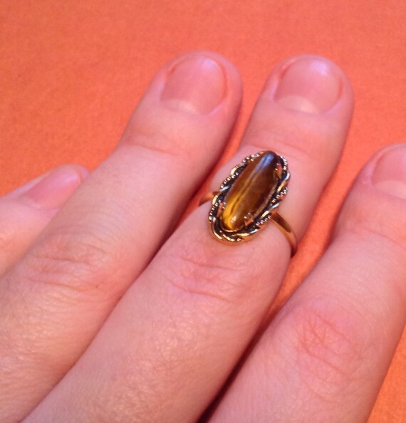 Vintage Gold Plated Oblong Tigers Eye Cabochon Ri… - image 4