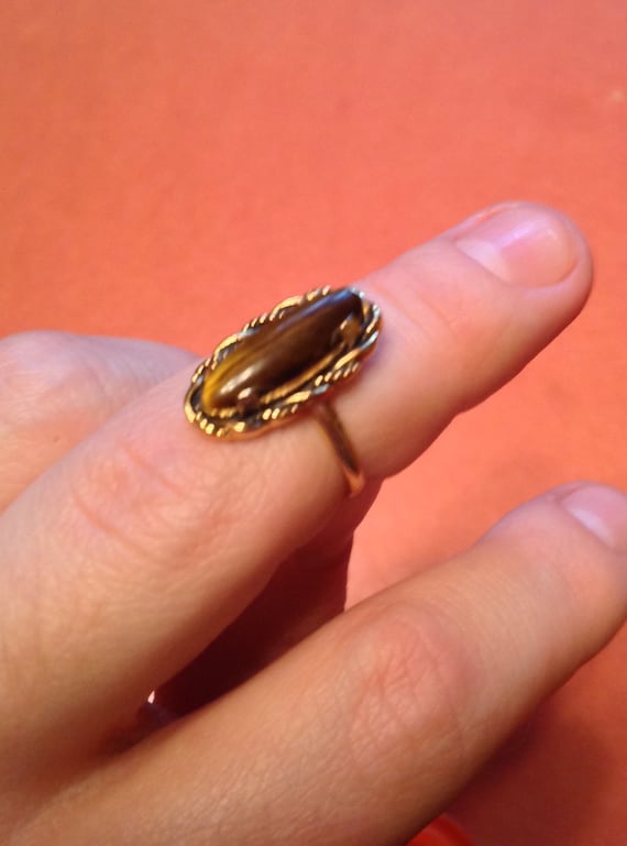Vintage Gold Plated Oblong Tigers Eye Cabochon Ri… - image 3