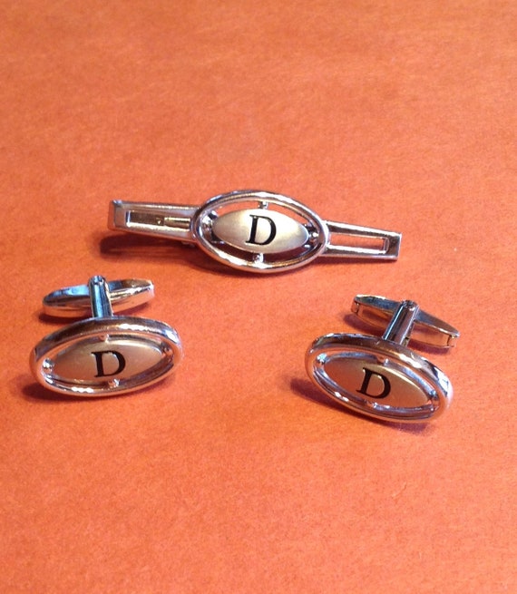 Vintage Foster Silver D Initial Tie Clip and Cuff 