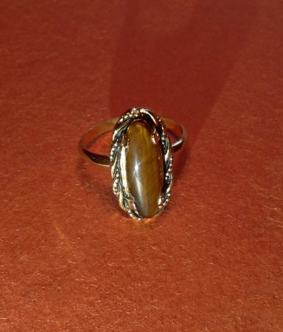 Vintage Gold Plated Oblong Tigers Eye Cabochon Ri… - image 1