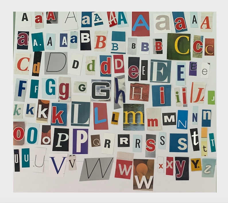 May include: A colorful alphabet collage made from cut-out magazine letters. The letters are arranged in a grid pattern and include all the letters of the alphabet.