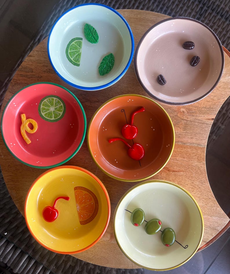 Retro Colorful Cocktail Trinket Dish, Hand Painted Clay Ring Dish, Bar Cart Decoration, Jewelry Dish Pottery Gift, Martini Mojito Olive image 11