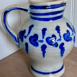 Vintage Handmade Stoneware Pottery Salt Glazed Pitcher Germany Unique Handle 7&quot;