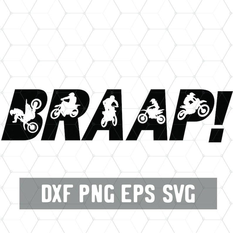 May include: Black and white silhouette design of a motocross rider with the word "BRAAP!" in large bold letters. The design includes four different motocross riders in various poses.