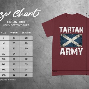 Gildan 5000 Heavy Cotton T-Shirt size chart with Tartan Army graphic.