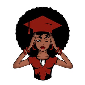May include: A cartoon illustration of a Black woman with an afro wearing a red graduation cap and gown. She is winking and holding her hands to her head.