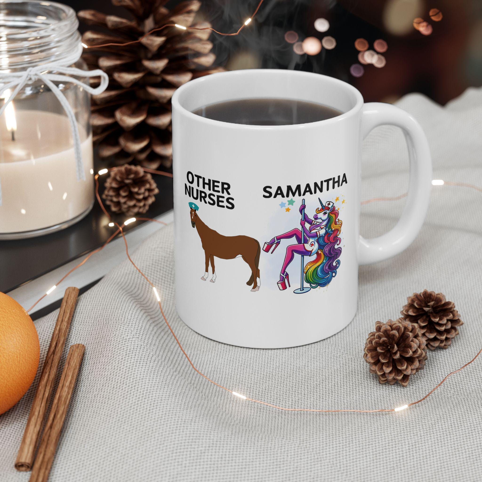Funny Nurse Unicorn Mug - "Other Nurses Vs Me Pole Dancing Unicorn" Humorous Coffee Cup, Ceramic, Dishwasher Safe