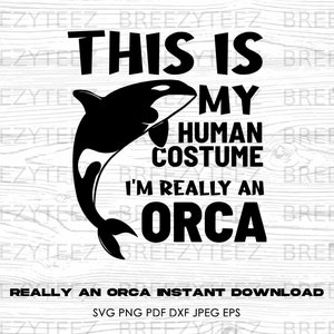 May include: Black and white graphic design featuring an orca whale with the text "This is my human costume I'm really an orca".