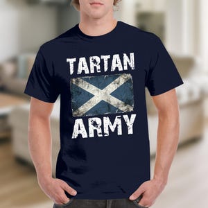 Navy t-shirt with distressed Scottish flag and "TARTAN ARMY" text.