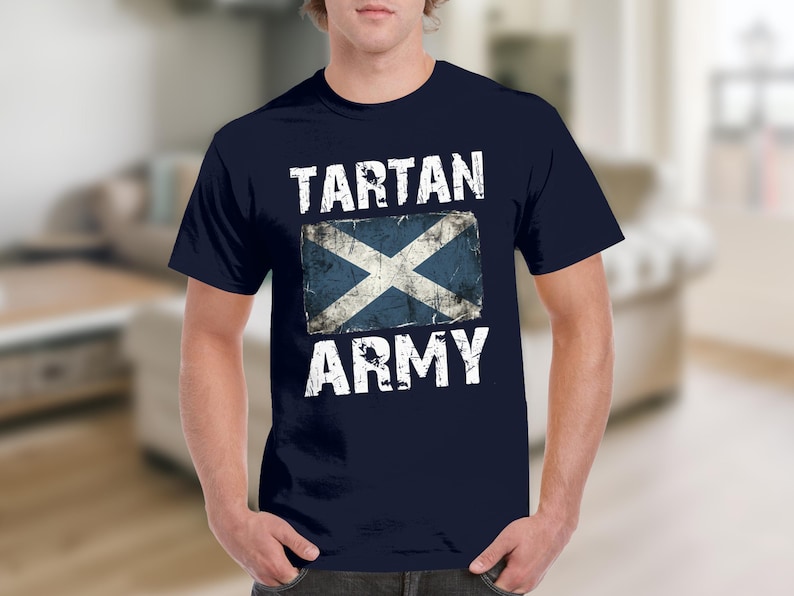 Navy t-shirt with distressed Scottish flag and "TARTAN ARMY" text.