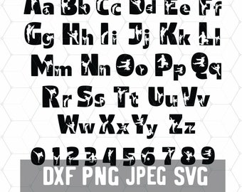 May include: Black and white alphabet with a silhouette of a person doing a martial arts pose inside each letter. The numbers 0 through 9 are also included with the same design. The text "DXF PNG JPEG SVG" is below the numbers.