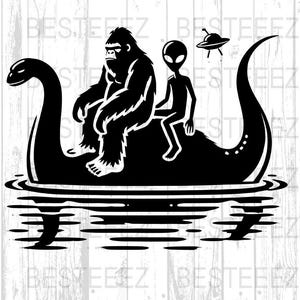 Bigfoot en Alien Svg Png Dxf, Nessie Lake Monster Clipart, cryptid mythische wezens, digitale downloadbestanden voor ambachten