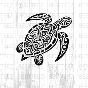 May include: A black and white stylised illustration of a sea turtle with intricate patterns on its shell and body.