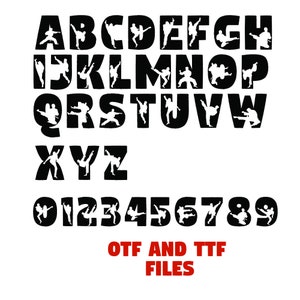 May include: Black and white alphabet and numbers with silhouettes of martial arts figures inside each letter and number. The text "OTF AND TTF FILES" is below the numbers.