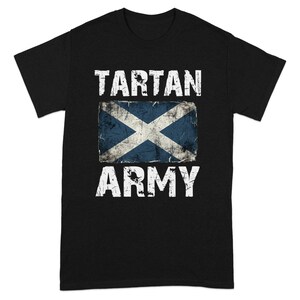 Black t-shirt with "TARTAN ARMY" above a distressed Scottish flag.