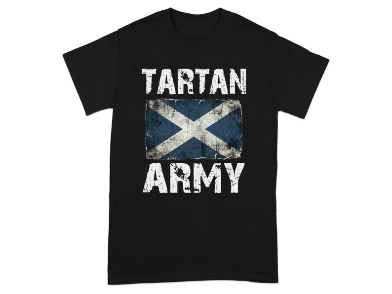 Black t-shirt with "TARTAN ARMY" above a distressed Scottish flag.