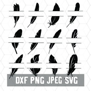 May include: A set of 12 black feather split monogram designs. Each design features a feather with a horizontal line in the middle for adding text. The designs are perfect for creating personalized crafts and projects.