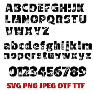 Puede incluir: Alfabeto y números en blanco y negro con varios iconos de temática de barbacoa. Las letras están en mayúsculas y minúsculas. Los números son del 0 al 9. El texto "SVG PNG JPEG OTF TTF" está en rojo en la parte inferior de la imagen.