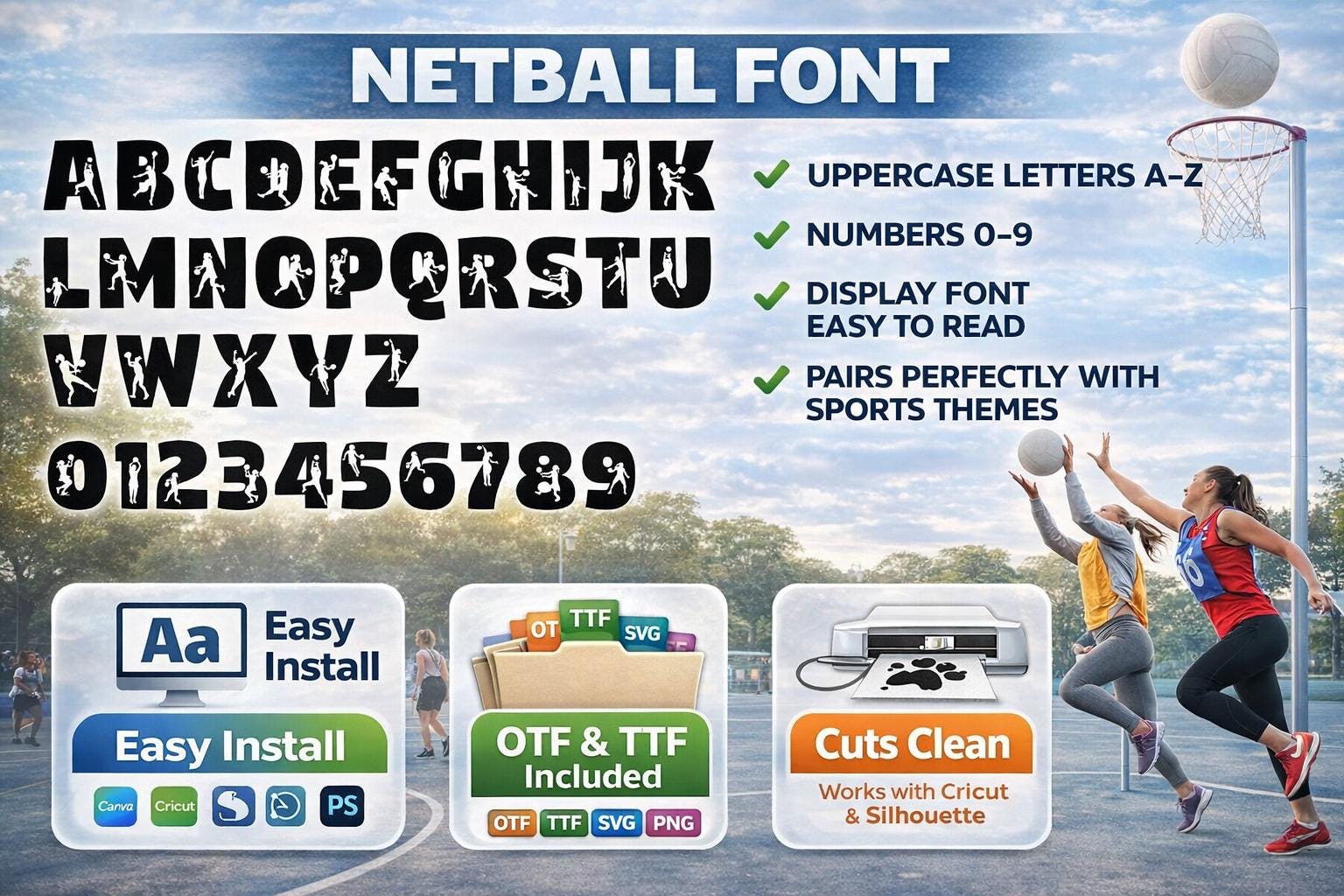 Netball Font - OTF TTF - Uppercase Letters and Numbers - Installable ...